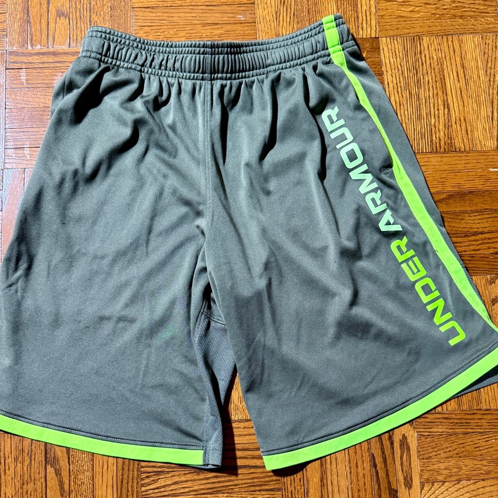 Under Armour Athletic Gray and Green Shorts with Elastic Waistband